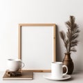 Blank wooden picture frame. Vase with pine tree branches, cup of coffee on desk created with Generative AI Royalty Free Stock Photo