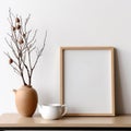 Blank wooden picture frame. Vase with pine tree branches, cup of coffee on desk created with Generative AI Royalty Free Stock Photo