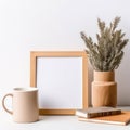 Blank wooden picture frame. Vase with pine tree branches, cup of coffee on desk created with Generative AI