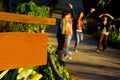 Blank Wooden plate and Asian girl tourists