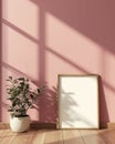 Blank wooden poster frame mock up template, room interior in scandinavian style, pink walls, wooden floor and green Royalty Free Stock Photo