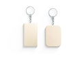 Blank wooden rectangular tag on chain mockup, top view