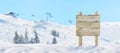 Blank, wooden road sign on snowy mountain, ski resort