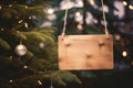 blank wooden sign hanging on christmas tree AI generated Royalty Free Stock Photo