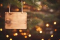 blank wooden sign hanging on christmas tree AI generated Royalty Free Stock Photo