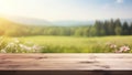 blank wooden table top with blur green meadow view for organic product advertising background. generative AI