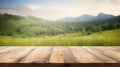 blank wooden table top with blur green meadow view for organic product advertising background. generative AI