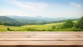 blank wooden table top with blur green meadow view for organic product advertising background. generative AI