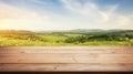 blank wooden table top with blur green meadow view for organic product advertising background. generative AI