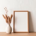 Blank wooden vertical picture frame mock-up on floor. Minimal interior design. Home decor created with Generative AI Royalty Free Stock Photo