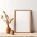 Blank wooden vertical picture frame mock-up on floor. Minimal interior design. Home decor created with Generative AI Royalty Free Stock Photo