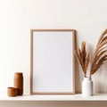 Blank wooden vertical picture frame mock-up on floor. Minimal interior design. Home decor created with Generative AI Royalty Free Stock Photo