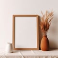 Blank wooden vertical picture frame mock-up on floor. Minimal interior design. Home decor created with Generative AI Royalty Free Stock Photo