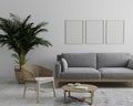 Blank wooden vertical picture frame mockup in modern interior living room background in gray tones with gray sofa and wooden