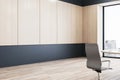 Blank wooden wall in empty conference room with office desk, chairs and window with city view, mockup. 3D Rendering Royalty Free Stock Photo