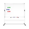 Blank writing whiteboard with magnets and markers on wheeled stand vector mock-up. Revolving magnetic white board with wheels