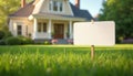 Blank yard sign in vibrant green grass, positioned before light-colored house. Empty sign ready for customization. Perfect for Royalty Free Stock Photo