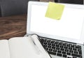 Blank yellow adhesive note on laptop screen Royalty Free Stock Photo