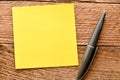 Blank yellow memo card and yellow pencil on a wooden table. A blank space to enter a note or insert graphics