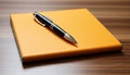 Blank yellow paper on wooden desk, pen ready for creativity generated by AI Royalty Free Stock Photo