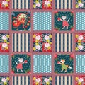 Blanket for kid with cute cartoon kittens, little fox, peacock and flowers in patchwork style Royalty Free Stock Photo