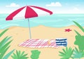 Blanket and sun umbrella on sand beach flat color vector illustration