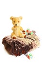 Blanket, teddy bear and wooden cubes isolated on white