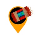 Blast bomb of terrorist in the orange pin icon for location pointer, explode a bomb dynamite with pointer marker pin for map place