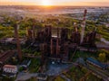 Blast furnace equipment of the metallurgical plant at the sunset, aerial view Royalty Free Stock Photo