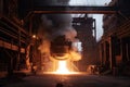 blast furnace, with flames and smoke coming out of the top, while molten metal is being poured