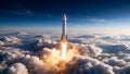 Blast Off! Rocket Ignites Through Dawn Clouds in Spectacular Launch Royalty Free Stock Photo