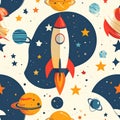 Cartoon Rocket Ship in Space Seamless Pattern Royalty Free Stock Photo
