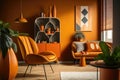 A blast from the past: an orange-hued living room that channels the spirit of the 70s. Generative AI.