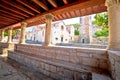 Blato on Korcula island historic stone square town lodge and church view