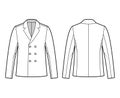 Blazer coat technical fashion illustration with long sleeves, fingertip length, notched shawl collar, double breasted