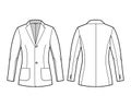 Blazer fitted jacket suit technical fashion illustration with single breasted, long sleeve, notched lapel, patch pockets
