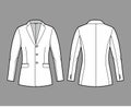 Blazer fitted jacket suit technical fashion illustration with single breasted, notched lapel collar, flap pocket, fitted