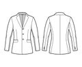 Blazer fitted jacket suit technical fashion illustration with single breasted, notched lapel collar, flap pocket, fitted