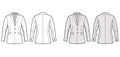 Blazer fitted jacket suit technical fashion illustration with single breasted, notched lapel collar, flap pocket, fitted