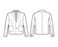 Blazer jacket suit technical fashion illustration with long sleeves, notched lapel collar, patch pockets, oversized body