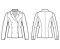 Blazer technical fashion illustration with notched lapel, fitted silhouette, double breasted opening, long sleeves.