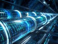 Blazing Blue Binary Code: Futuristic Lighting Effects Illuminate Cybernetic Data Flow Through Cylindrical Pipes in an Advanced Tec Royalty Free Stock Photo