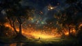 A blazing bonfire blending with a field of fireflies