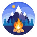 Blazing campfire with a wide. impressive view over the mountains. Royalty Free Stock Photo