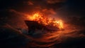 Blazing cargo ship sailing through stormy night ocean, symbolizing safety precautions