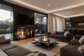 Blazing fire in living room of luxury architect designed Australian house Royalty Free Stock Photo