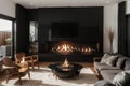 Blazing fire in living room of luxury architect designed Australian house Royalty Free Stock Photo