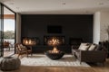 Blazing fire in living room of luxury architect designed Australian house Royalty Free Stock Photo