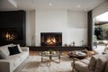 Blazing fire in living room of luxury architect designed Australian house Royalty Free Stock Photo