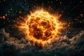 Blazing fireball explosion in the night sky, illuminating darkness with fiery intensity and dynamic energy.